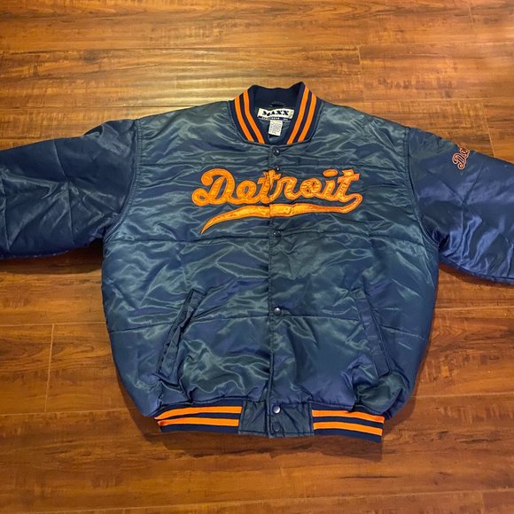 Vintage 80s Detroit Blue Satin Bomber Jacket - XXL - Picture 2 of 5